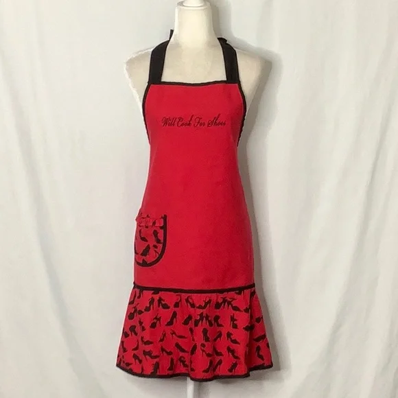 Will Cook For Shoes Embroidered Red And Black Kitchen Apron - Picture 15 of 15